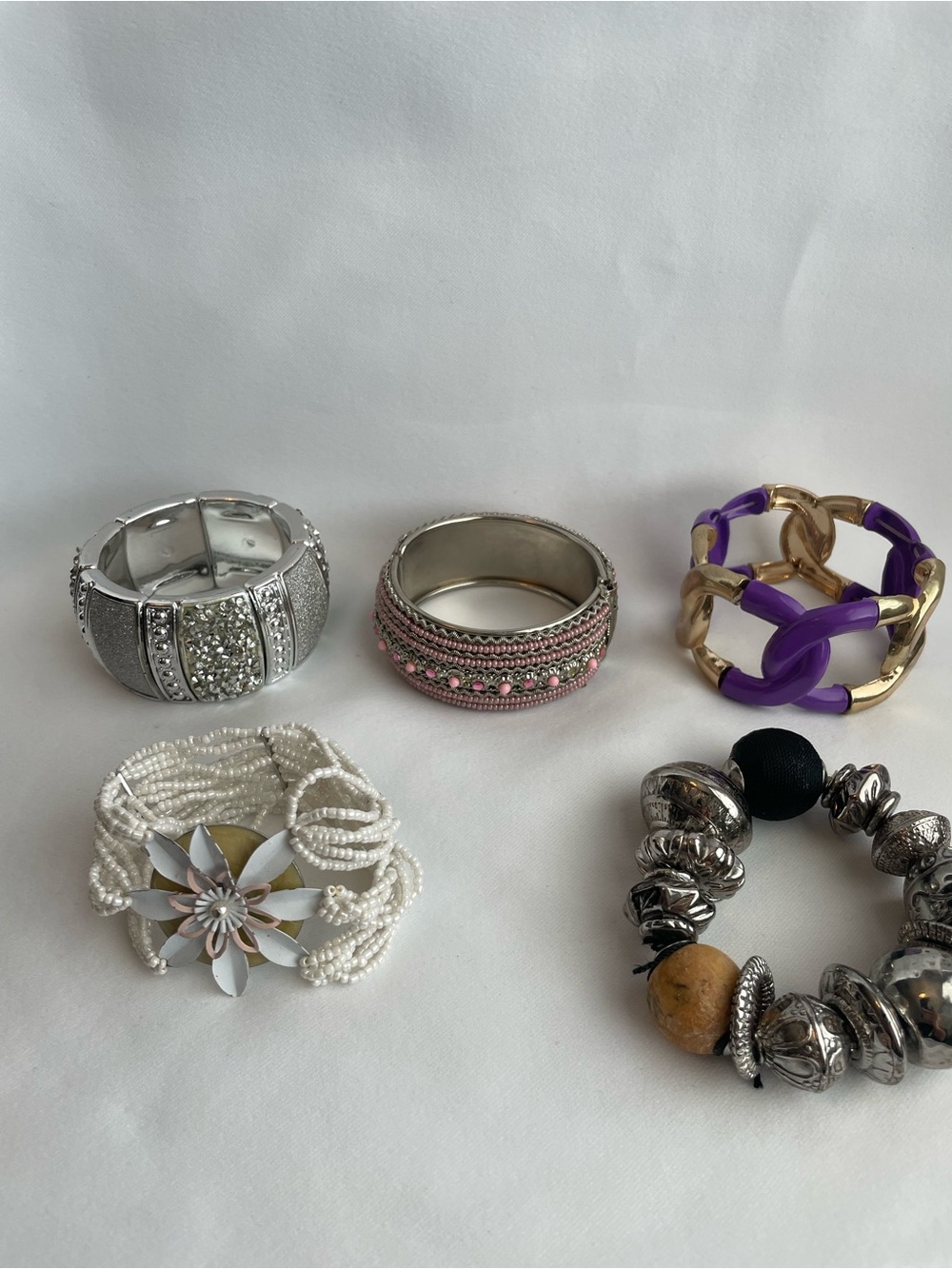 5 Chunky Bracelet Lot Boho Hippie Silvertones Pink White Flower